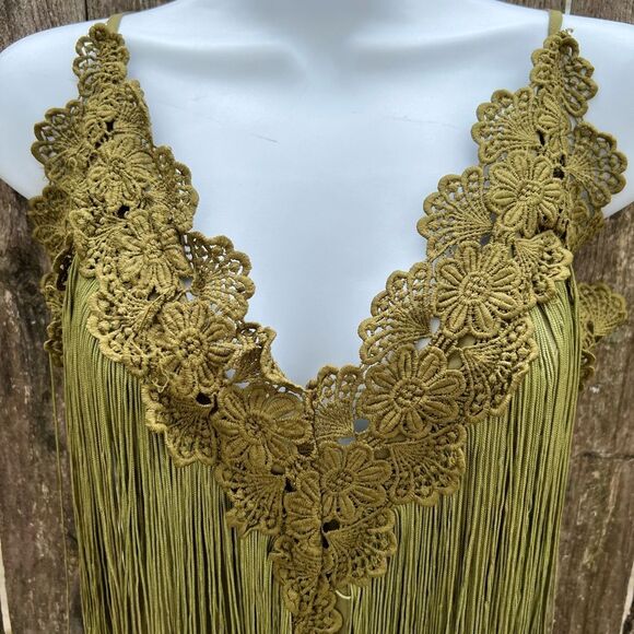 🍄MissOrd Olive Green Fringe Tassel Jumpsuit Lace Size L (AA1) - Picture 6 of 13